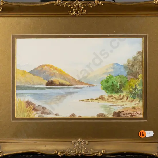 illegible signature - framed watercolour - lake & mountain scene H-160 W-250