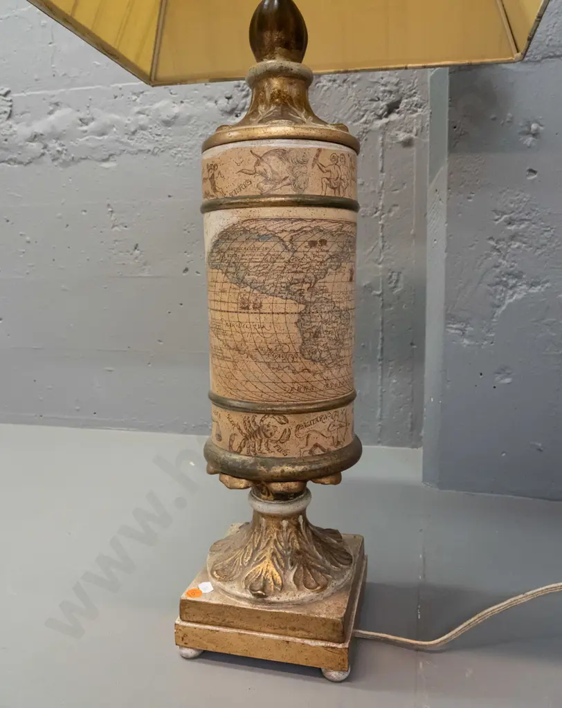retro 1960s table lamp moulded terracotta with  patinated gilt finish, astrology sign and world map decoration, with a Image 1++