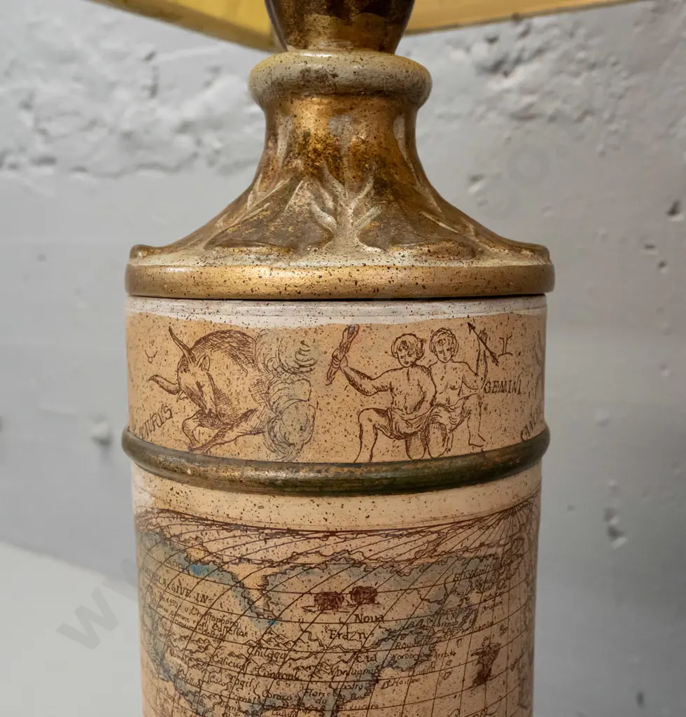 retro 1960s table lamp moulded terracotta with  patinated gilt finish, astrology sign and world map decoration, with a Image 1++