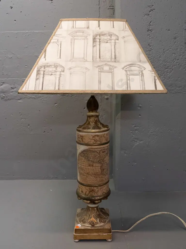retro 1960s table lamp moulded terracotta with  patinated gilt finish, astrology sign and world map decoration, with a Image 1++