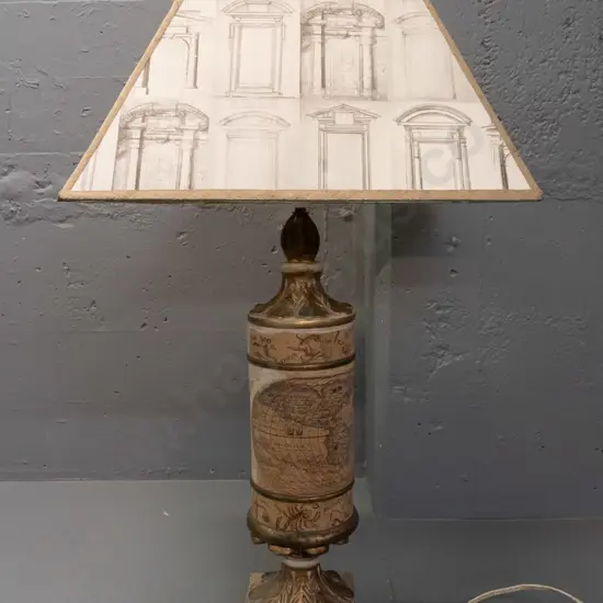 retro 1960s table lamp moulded terracotta with  patinated gilt finish, astrology sign and world map decoration, with a