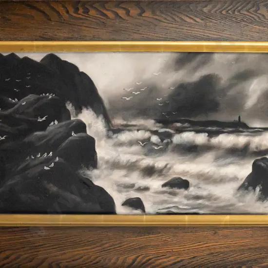 framed oil on canvas - coastal scene H-350 W-750