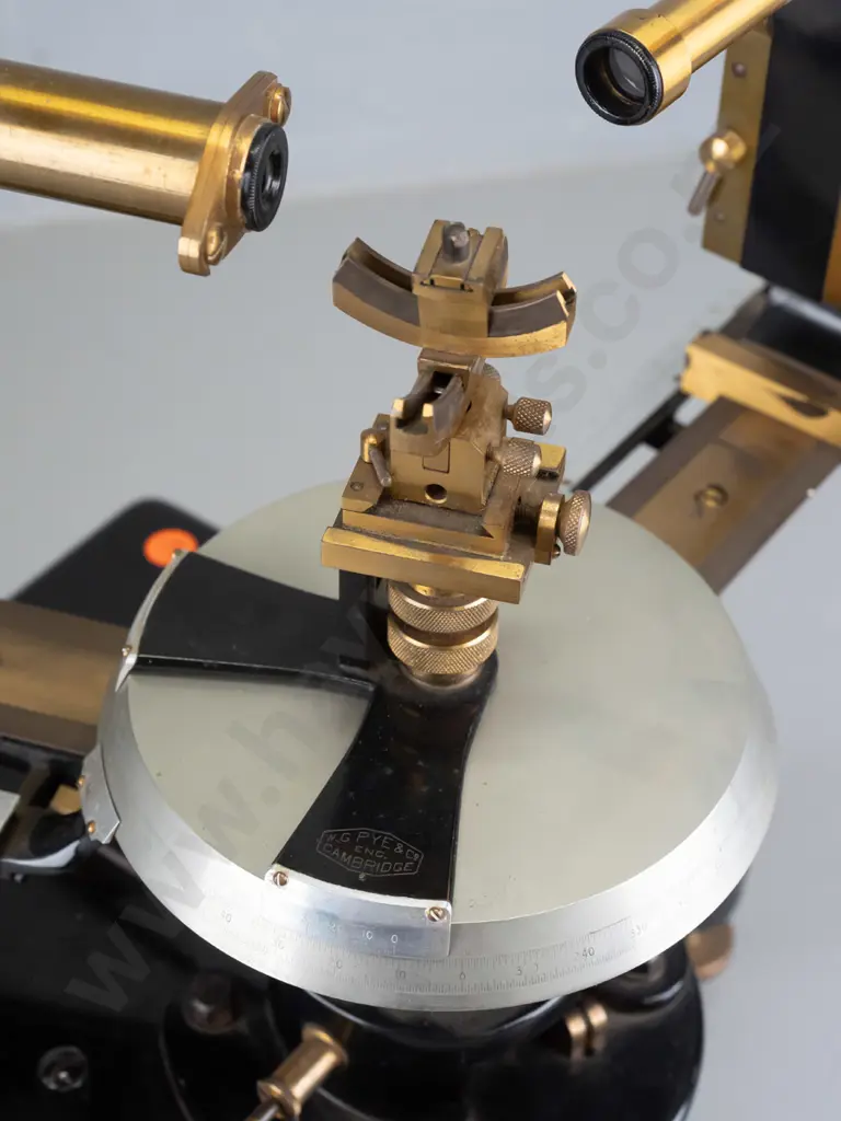 vintage laboratory spectrometer marked W.G. Pye & Co Cambridge with black enamel metal base, brass fittings and feet etc Image 1++