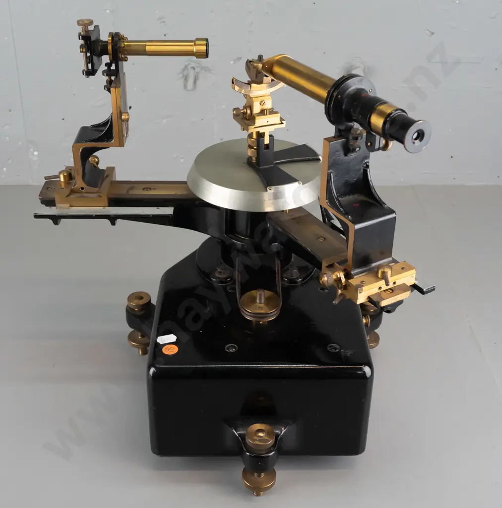 vintage laboratory spectrometer marked W.G. Pye & Co Cambridge with black enamel metal base, brass fittings and feet etc Image 1++