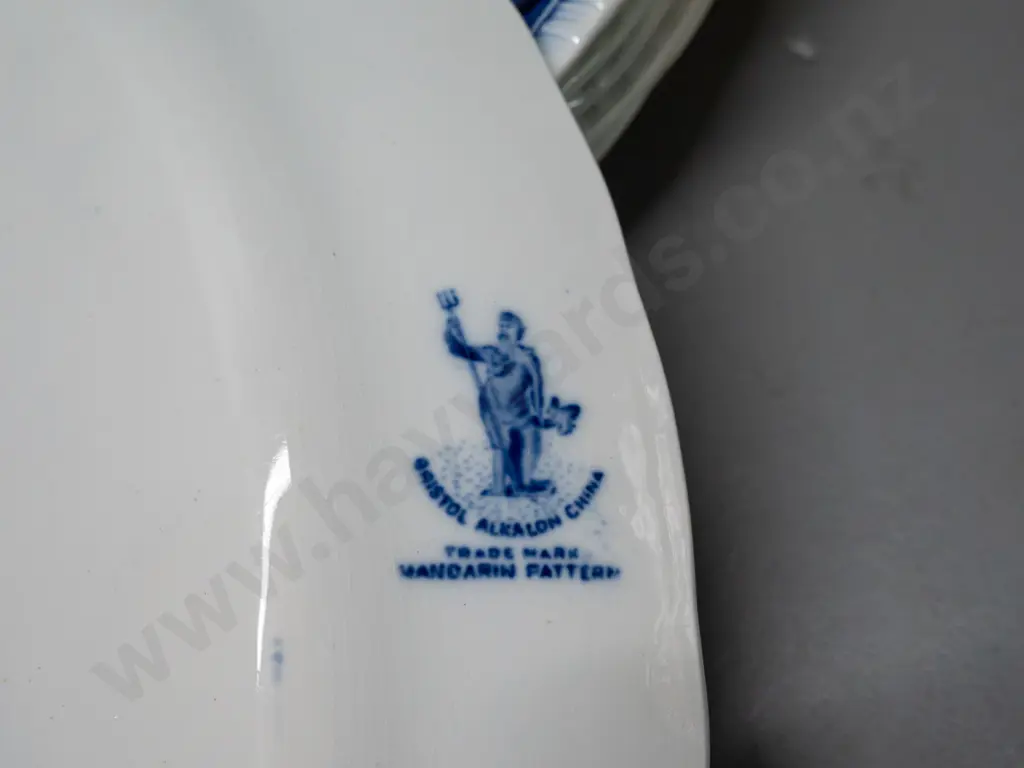 Bristol Alkalon "Mandarin Pattern" tableware: lidded vegetable, lidded sauce w/saucer, oval platter, 6x dinner plates Image 1++