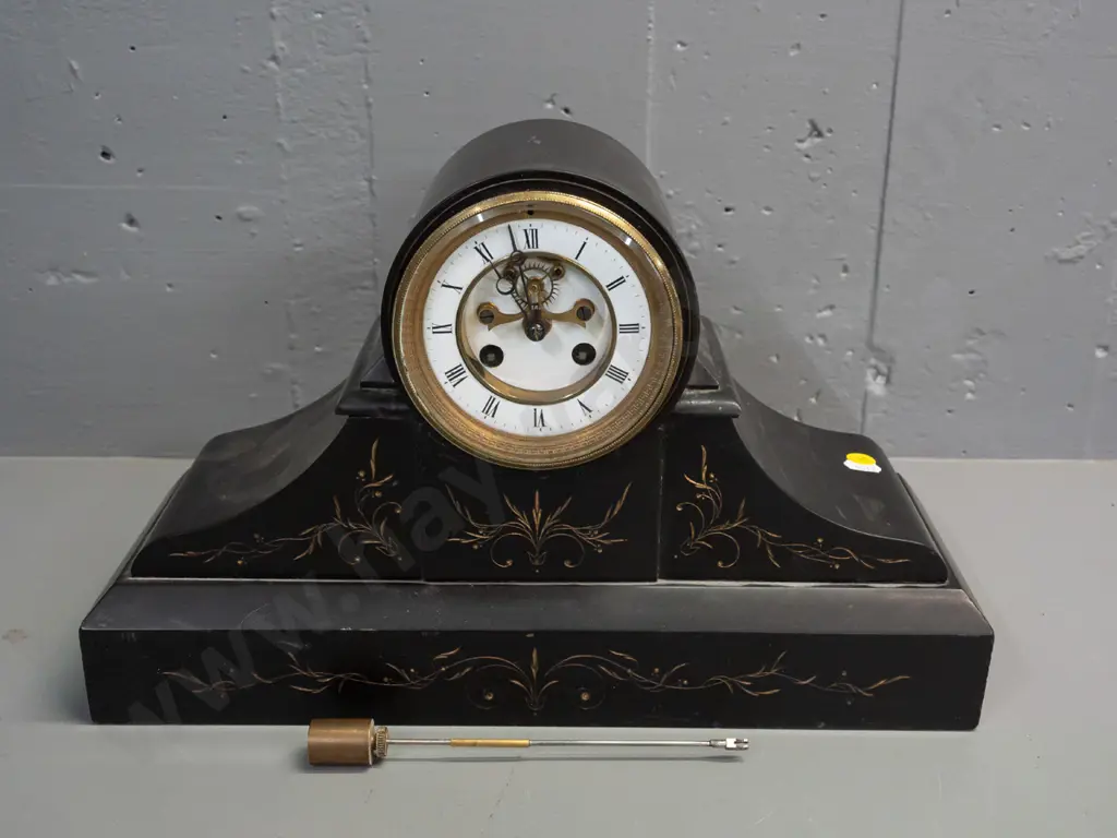vintage heavy black marble mantle clock w/ etched decoration. Glass bezel front and rear. Enamel face, brass bezel Image 1++