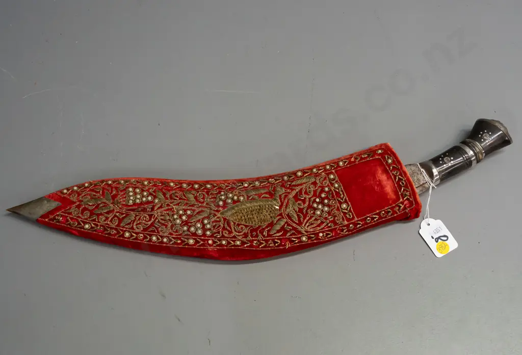large Ghurka Kukri knife with embroidered and beaded sheath - blade marked "India" - some corrosion and wear to sheath Image 1++