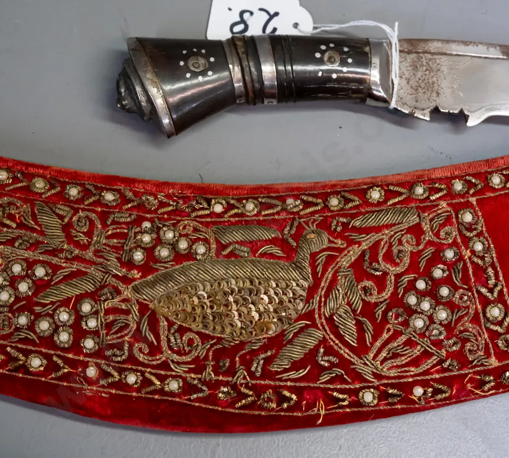large Ghurka Kukri knife with embroidered and beaded sheath - blade marked "India" - some corrosion and wear to sheath Image 1++