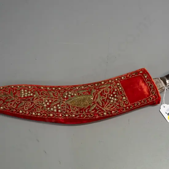 large Ghurka Kukri knife with embroidered and beaded sheath - blade marked "India" - some corrosion and wear to sheath