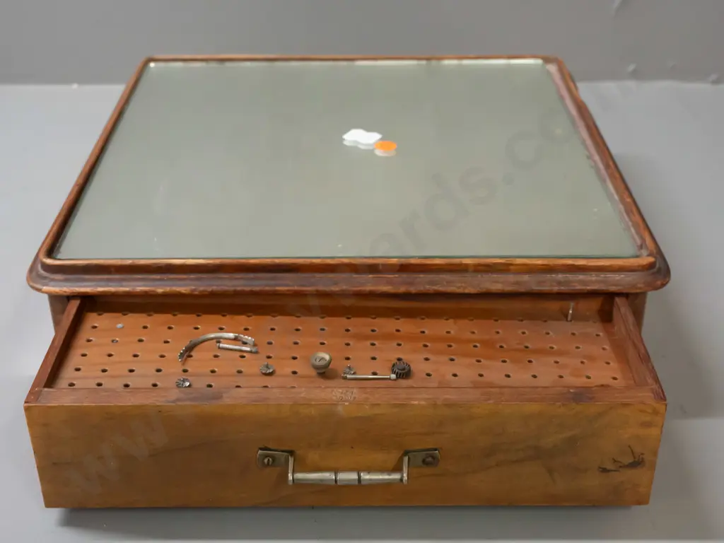 vintage walnut veneer and mirrored display or work box with 5 drawers, one large marked SMS or SWS, with implement Image 1++