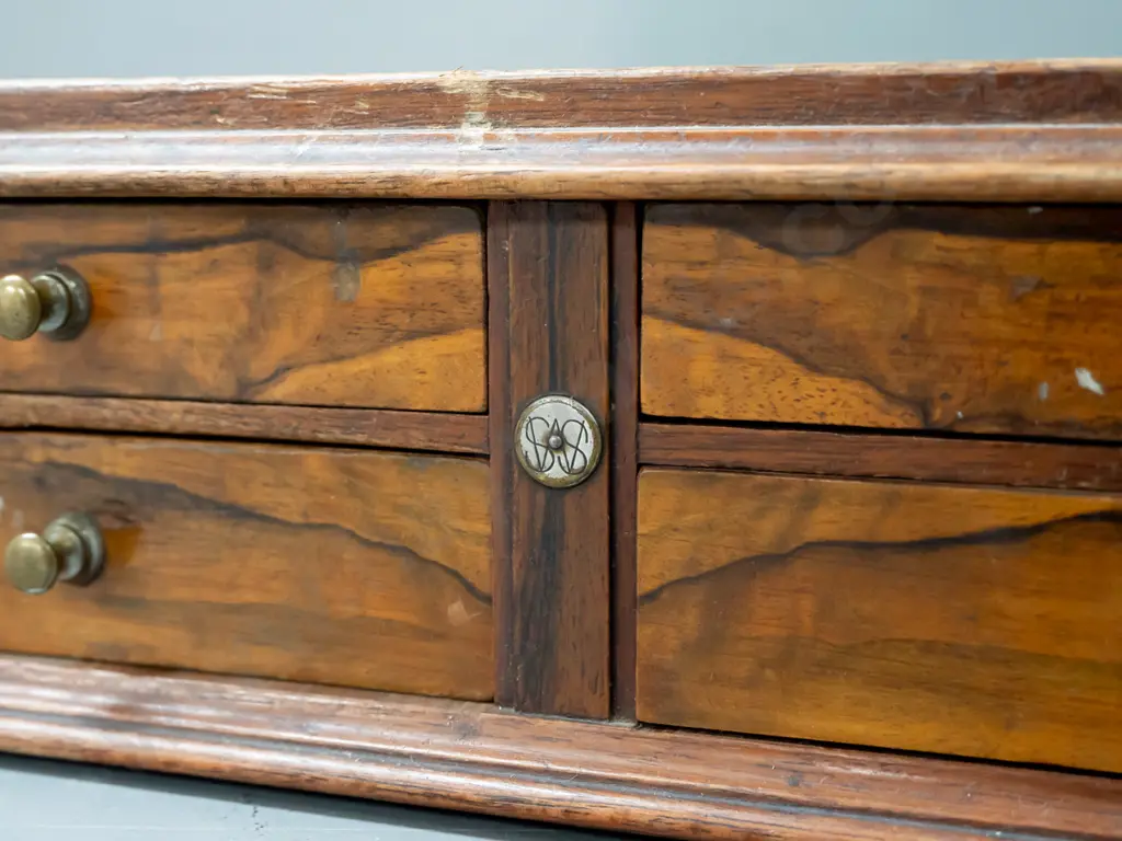 vintage walnut veneer and mirrored display or work box with 5 drawers, one large marked SMS or SWS, with implement Image 1++