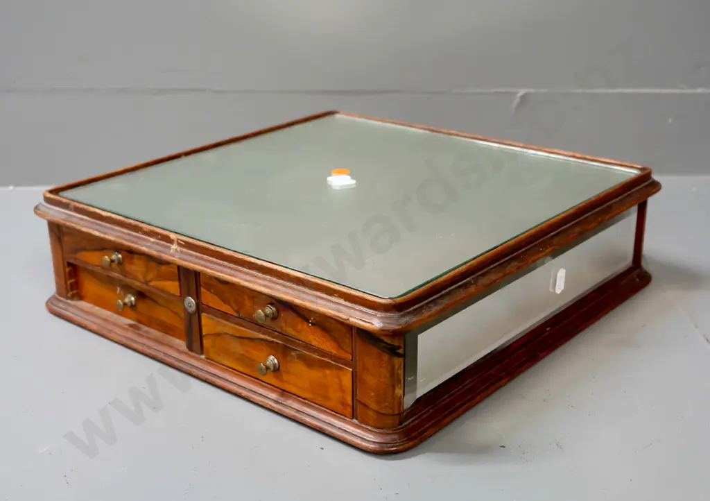 vintage walnut veneer and mirrored display or work box with 5 drawers, one large marked SMS or SWS, with implement Image 1++