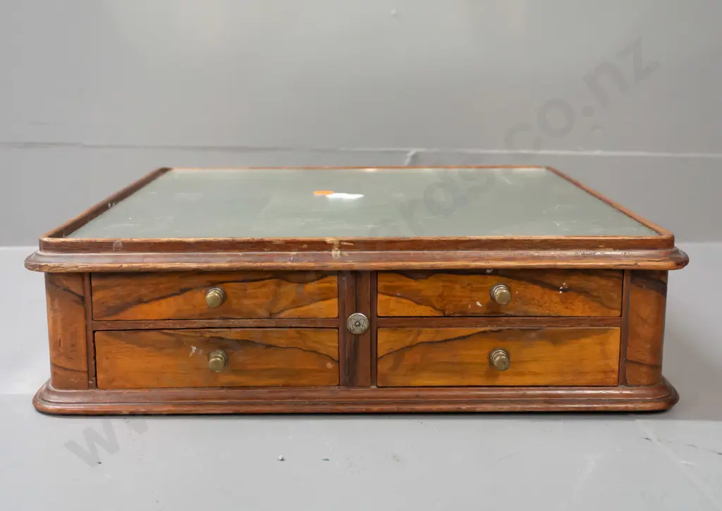 vintage walnut veneer and mirrored display or work box with 5 drawers, one large marked SMS or SWS, with implement Image 1++