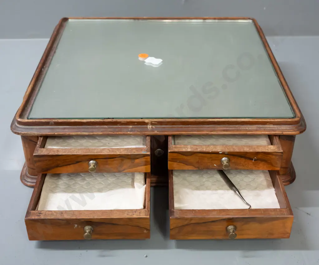 vintage walnut veneer and mirrored display or work box with 5 drawers, one large marked SMS or SWS, with implement Image 1++