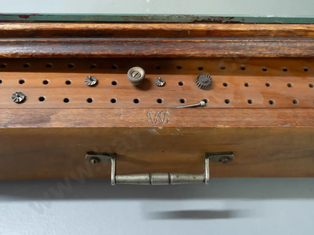 vintage walnut veneer and mirrored display or work box with 5 drawers, one large marked SMS or SWS, with implement Image 1++