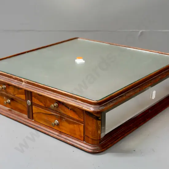 vintage walnut veneer and mirrored display or work box with 5 drawers, one large marked SMS or SWS, with implement