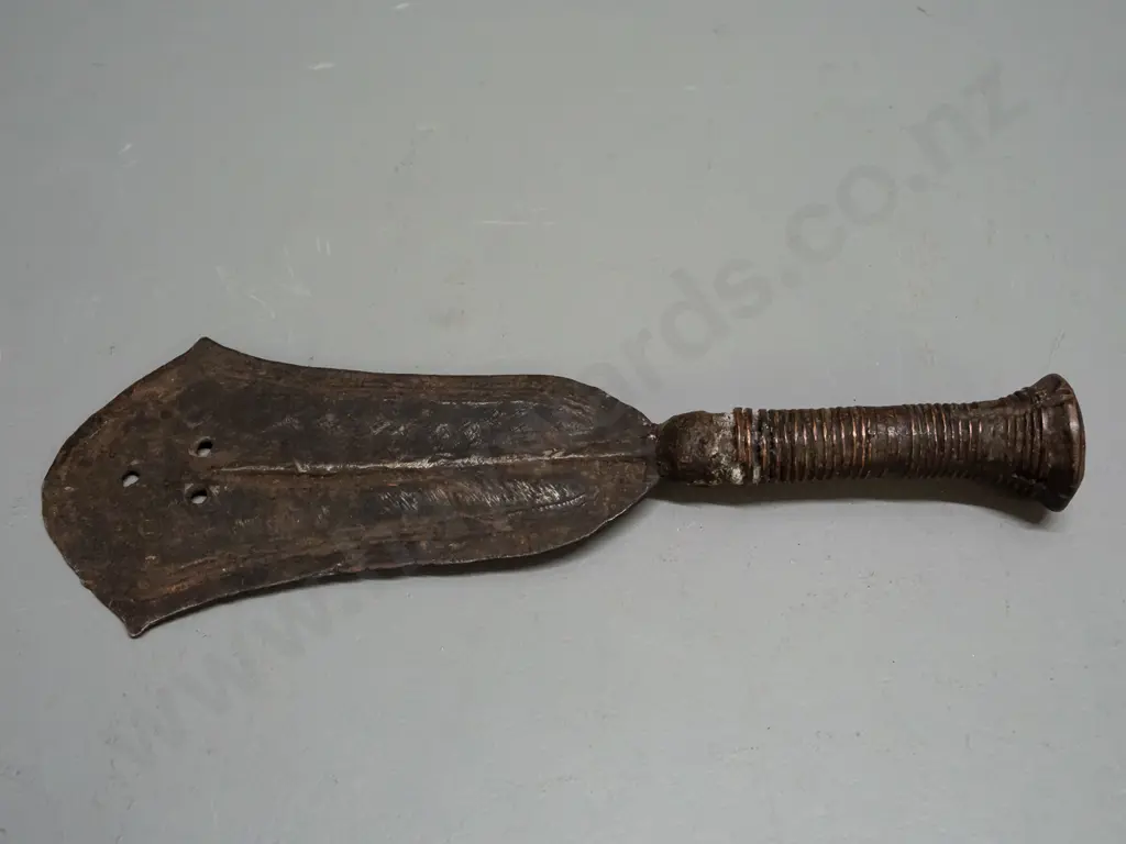 spade knife with wood handle bound with copper, Kuba tribe, Democratic Republic of Congo - chips and corrosion to blade, Image 1++