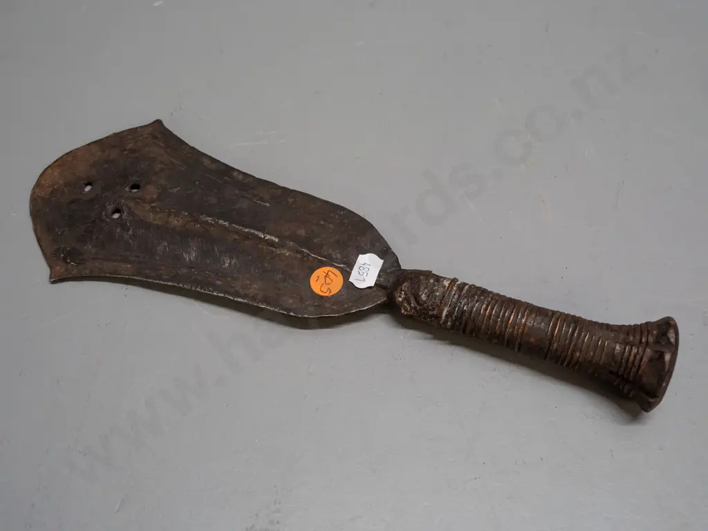 spade knife with wood handle bound with copper, Kuba tribe, Democratic Republic of Congo - chips and corrosion to blade, Image 1++