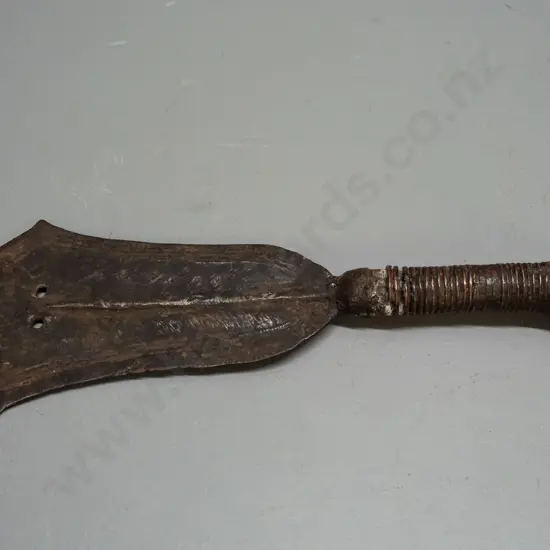 spade knife with wood handle bound with copper, Kuba tribe, Democratic Republic of Congo - chips and corrosion to blade,