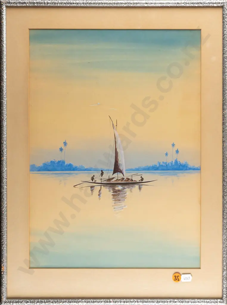 framed watercolour - boat scene H360 W270 (slight foxing) Image 1++
