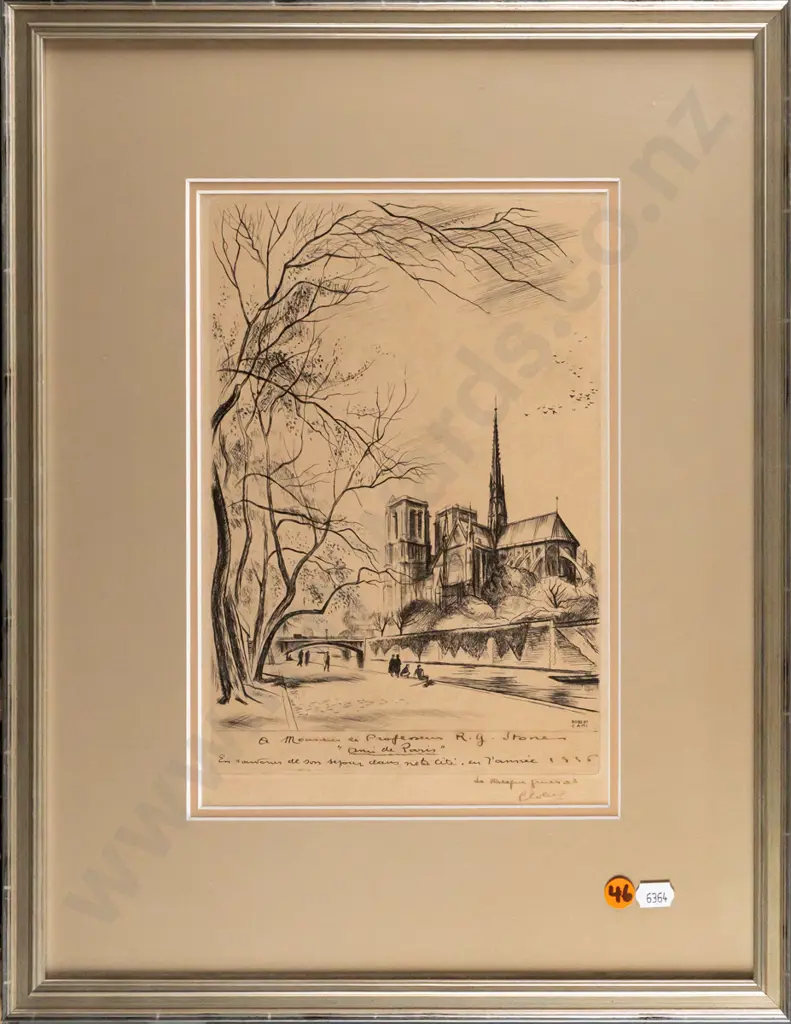 framed vintage etching - Parisian scene H280 W190 Image 1++