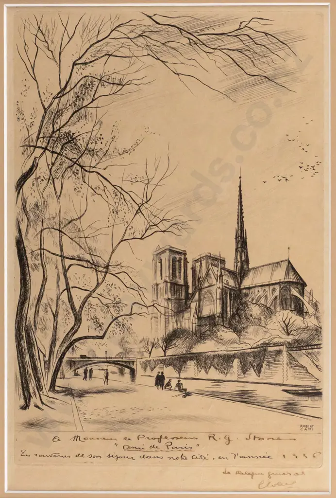 framed vintage etching - Parisian scene H280 W190 Image 1++