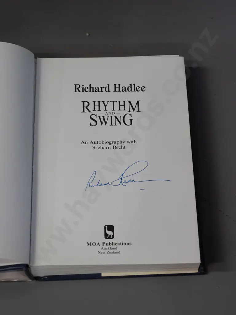 autographed hard cover book - Rhythm and Swing, signed by Richard Hadlee - slight split to spine/binding Image 1++