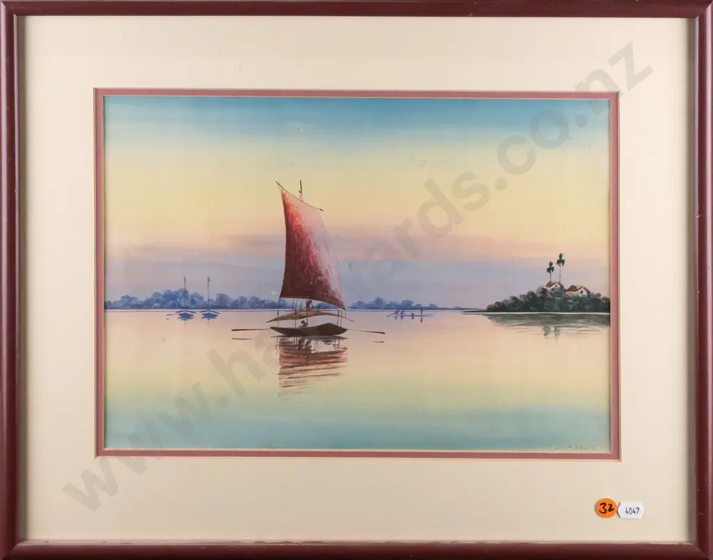LM Ghose - framed watercolour - boats H240 W340  (slight foxing) Image 1++