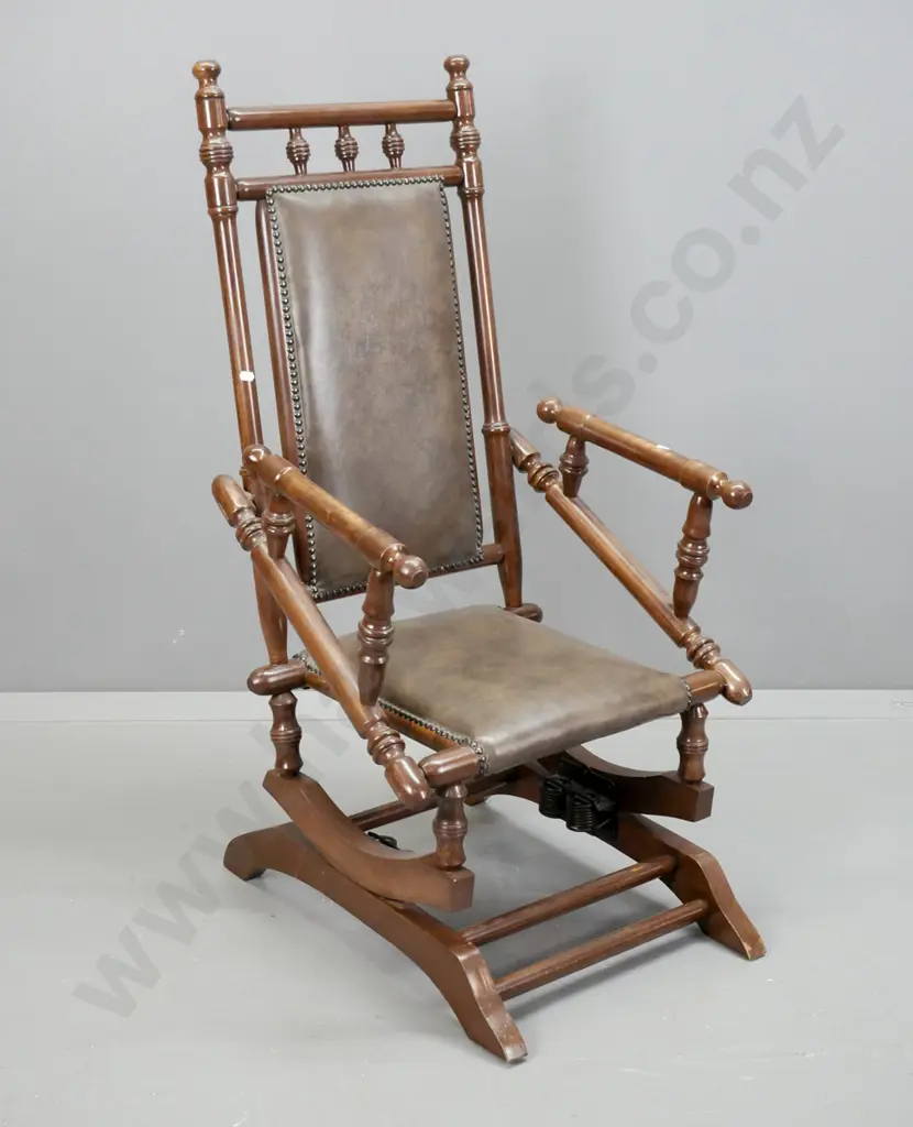 vintage beech Dexter chair, re-covered in vinyl with brass studding, some scratching, wear to arms H-110 W-560 D-640 Image 1++