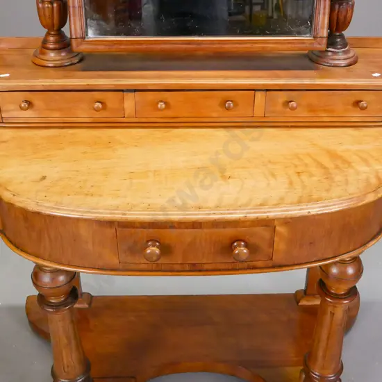 restorer's Victorian satinwood & mixed timbers dressing table with arch-top mirror on turned supports, 3 small drawers