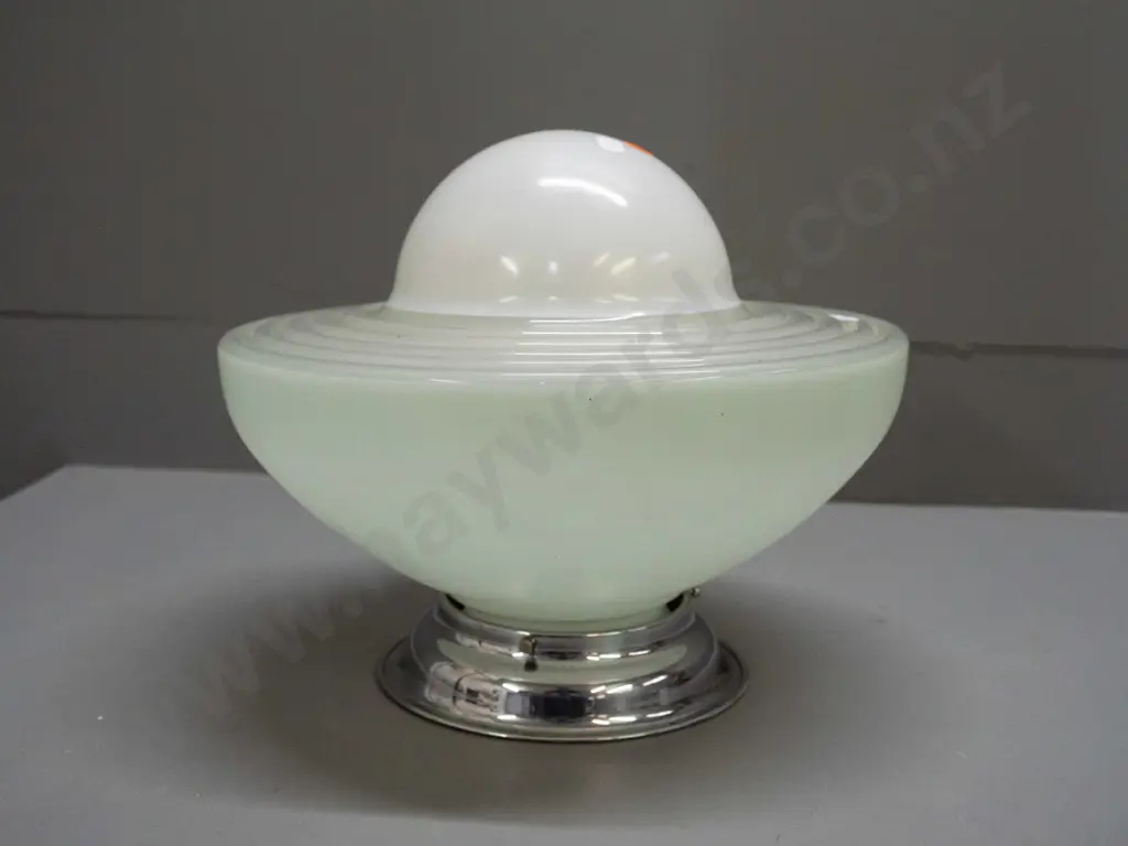 frosted light green and white glass UFO shape ceiling light shade with chrome journal marked Acme Wood & Metal Products Image 1++