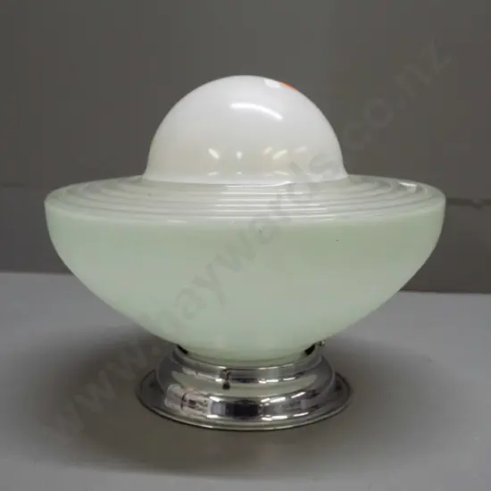 frosted light green and white glass UFO shape ceiling light shade with chrome journal marked Acme Wood & Metal Products