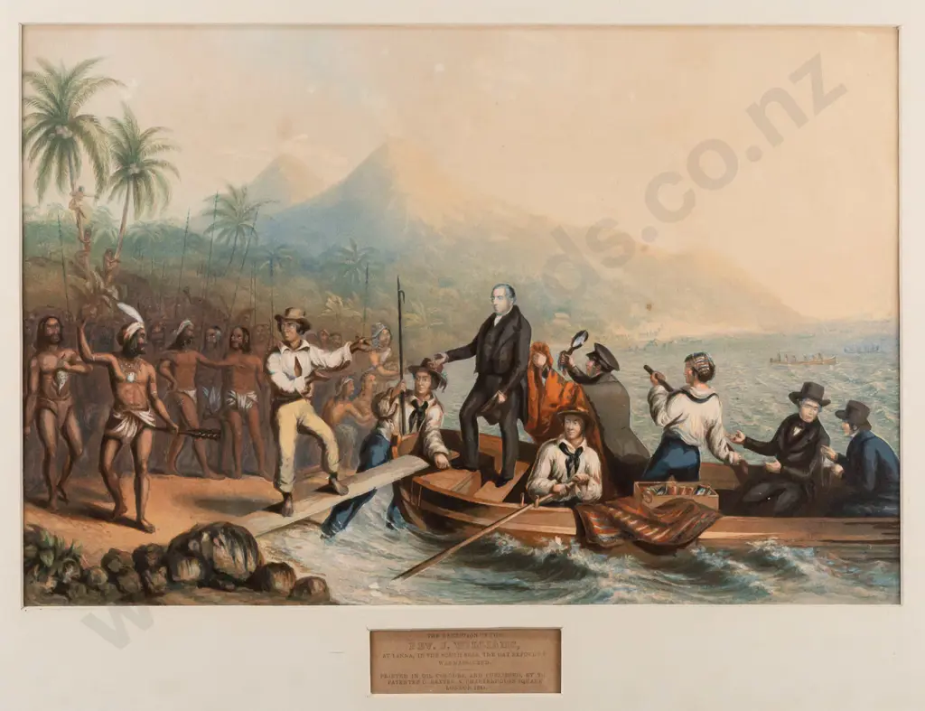 framed vintage print "The reception of the Rev J Williams at Tanner in the South Seas" H-210 W-320 slight foxing Image 1++
