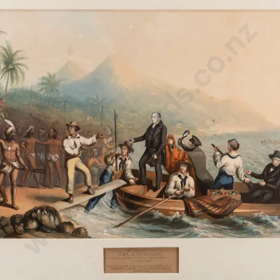 framed vintage print "The reception of the Rev J Williams at Tanner in the South Seas" H-210 W-320 slight foxing