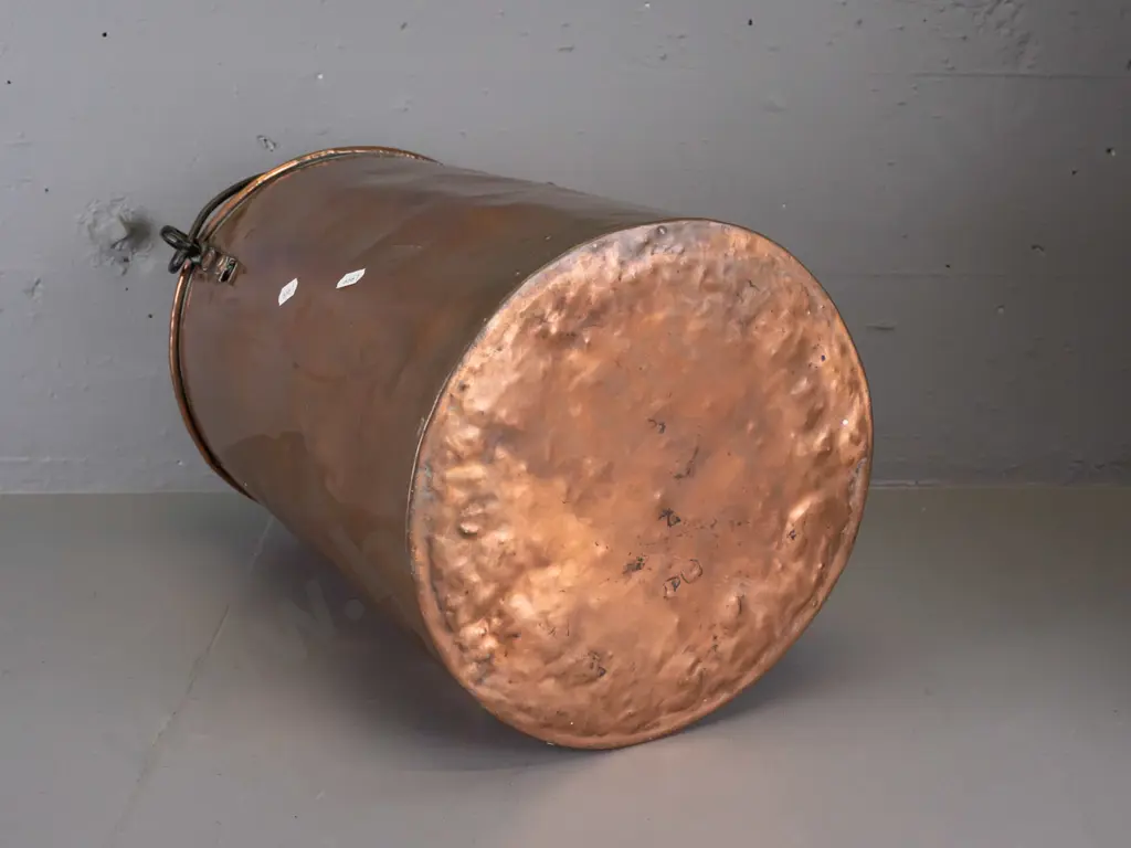 vintage copper umbrella stand / fire bucket - top handle with forged lugs - some dents and wear H-370 W-310 at handles Image 1++