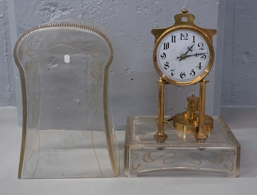 arts nouveau style glass cased mantel clock - loose waisted dome top has cut whiplash and gilt decoration, silver dial Image 1++