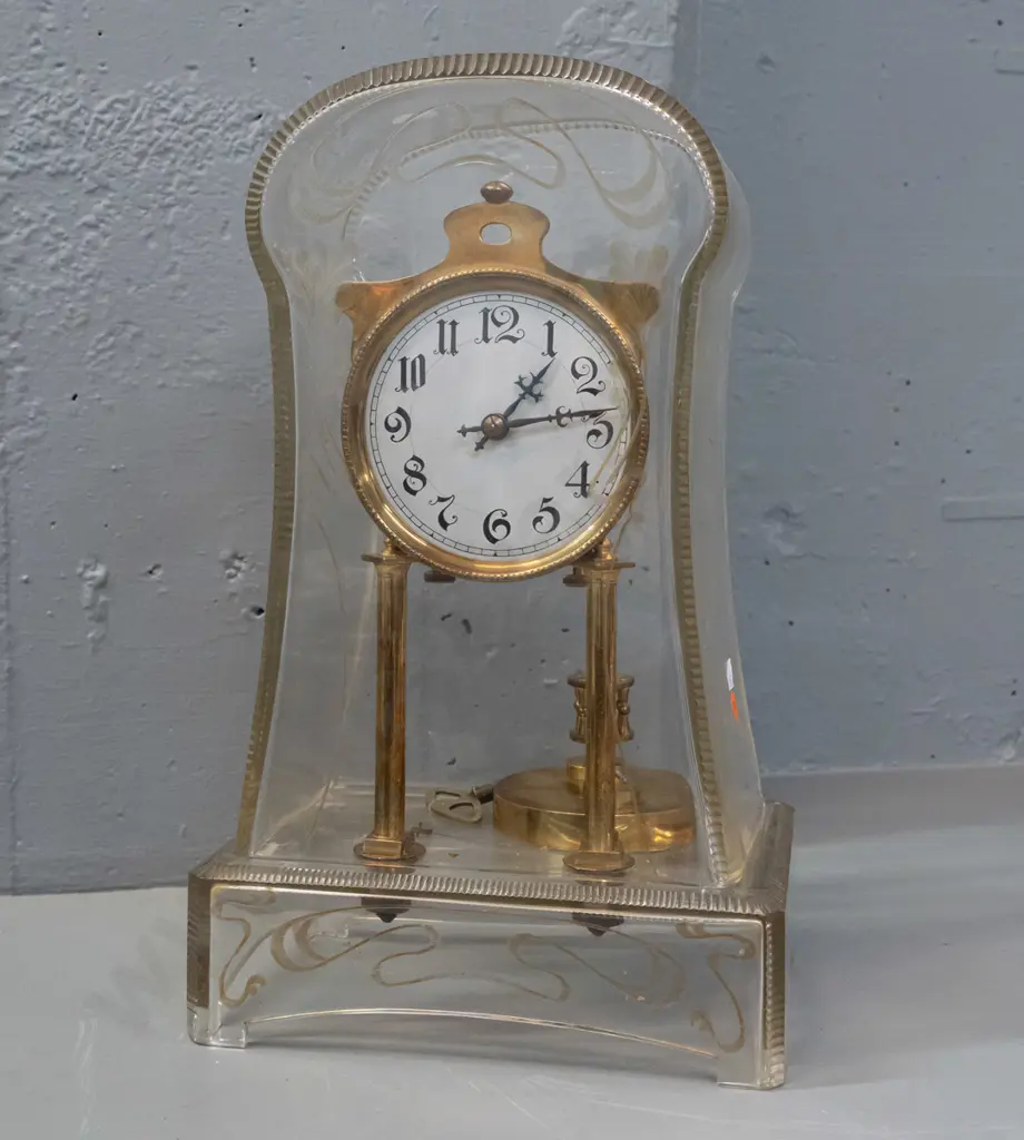 arts nouveau style glass cased mantel clock - loose waisted dome top has cut whiplash and gilt decoration, silver dial Image 1++