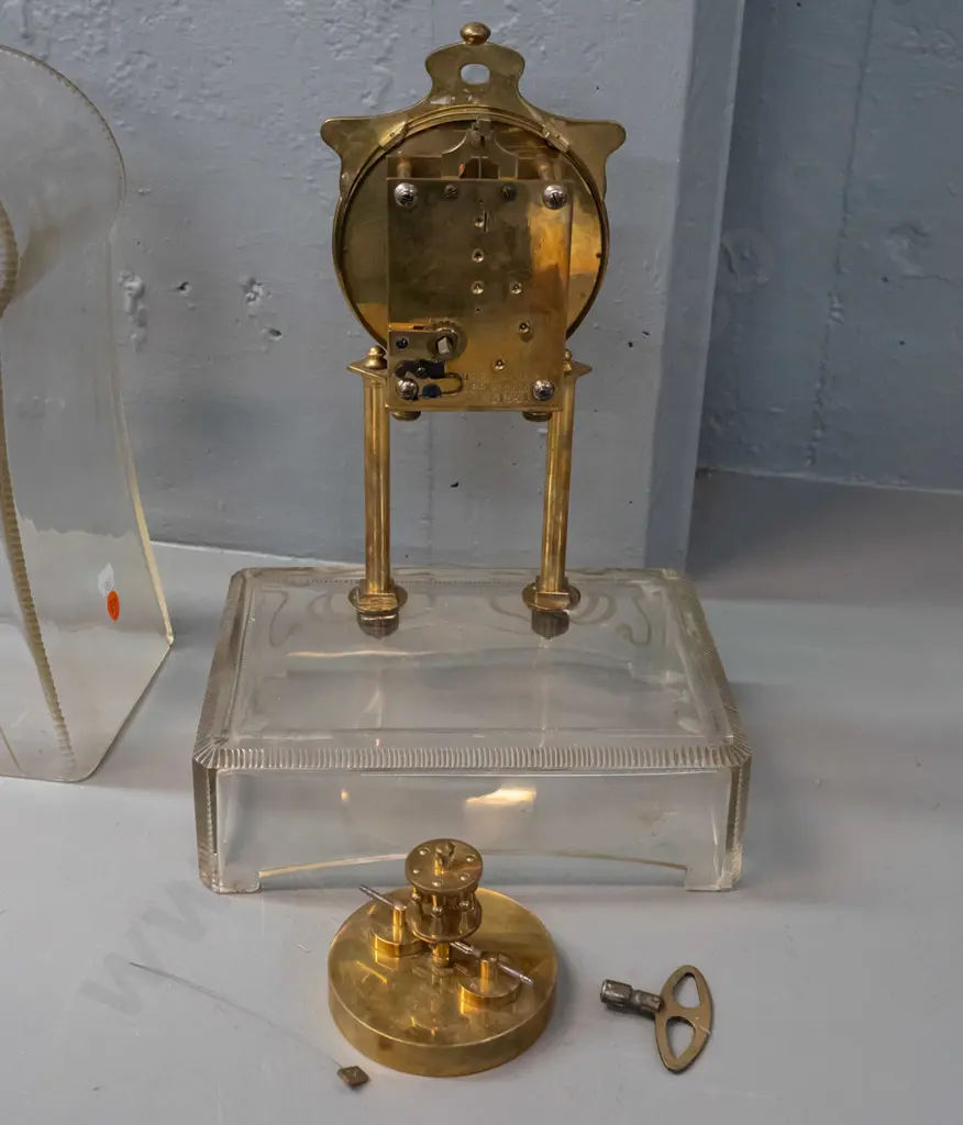 arts nouveau style glass cased mantel clock - loose waisted dome top has cut whiplash and gilt decoration, silver dial Image 1++