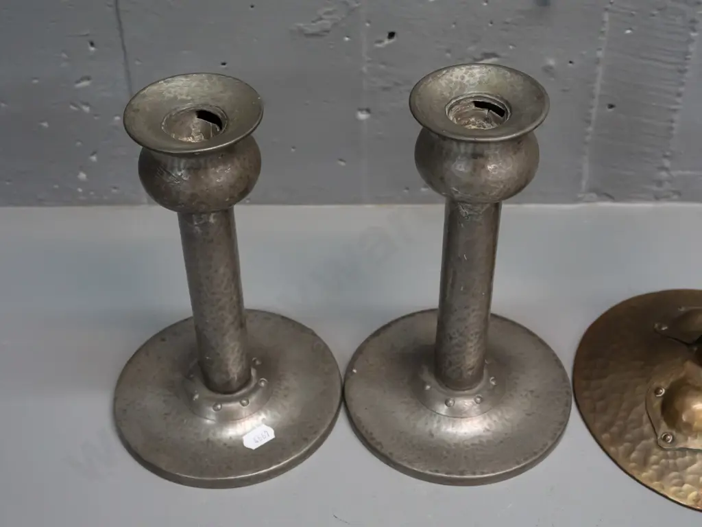 3 English hand-beaten candlesticks - pair of pewter marked Homeland and one brass one H-250. Smaller pair have holes / Image 1++