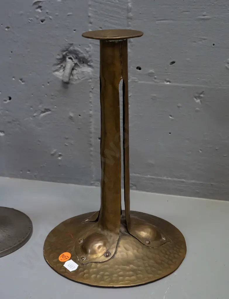 3 English hand-beaten candlesticks - pair of pewter marked Homeland and one brass one H-250. Smaller pair have holes / Image 1++