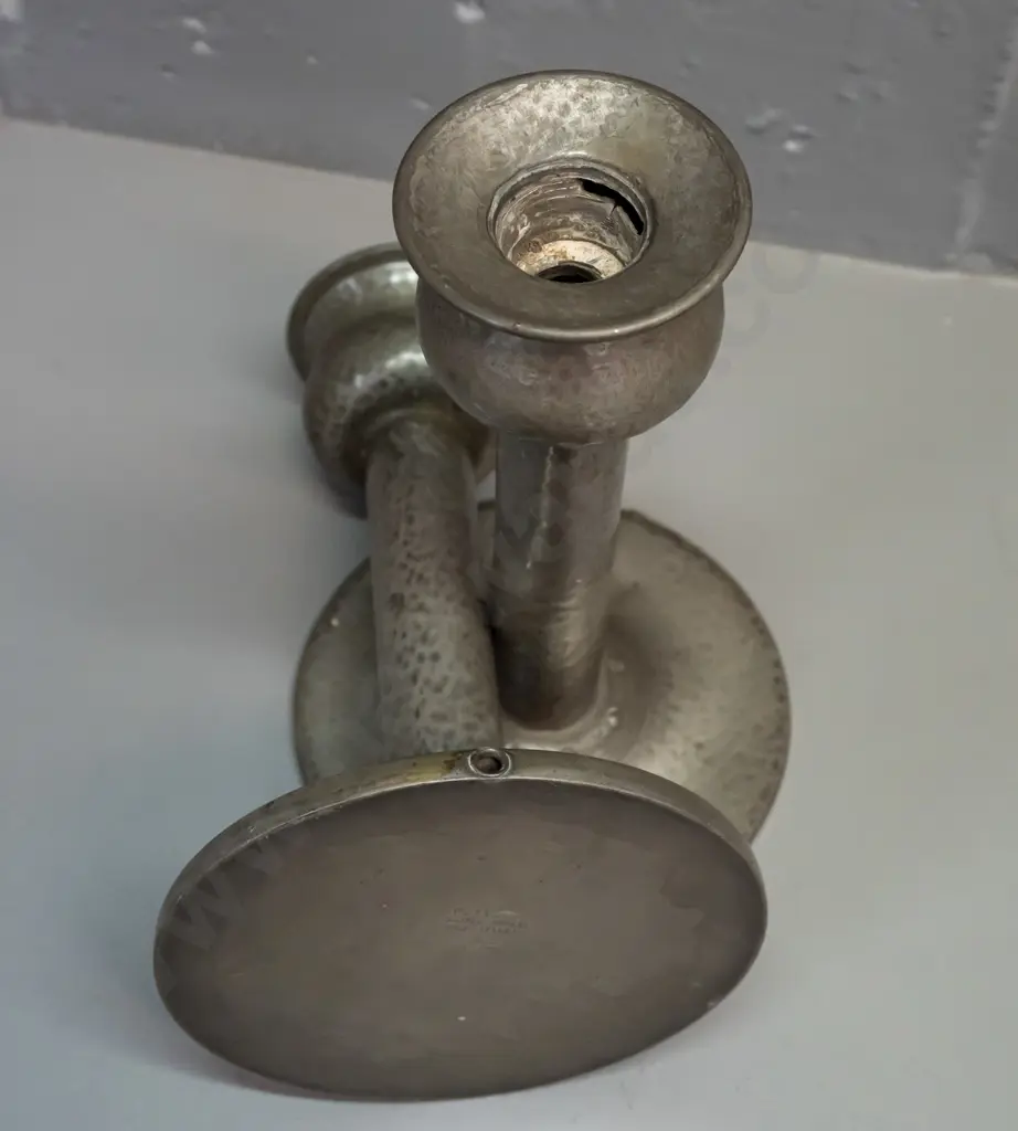 3 English hand-beaten candlesticks - pair of pewter marked Homeland and one brass one H-250. Smaller pair have holes / Image 1++