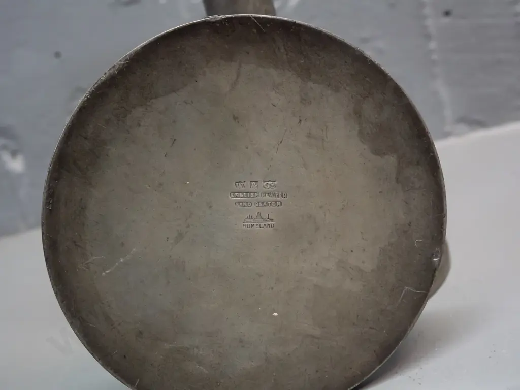 3 English hand-beaten candlesticks - pair of pewter marked Homeland and one brass one H-250. Smaller pair have holes / Image 1++