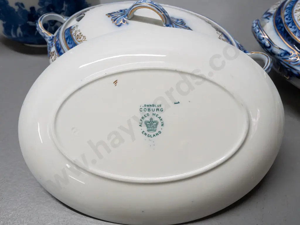 Vvntage flow blue and other tableware: Alfred Meakin 'Flownblue Coburg' lidded vegetable & lidded sauce w/saucer Image 1++