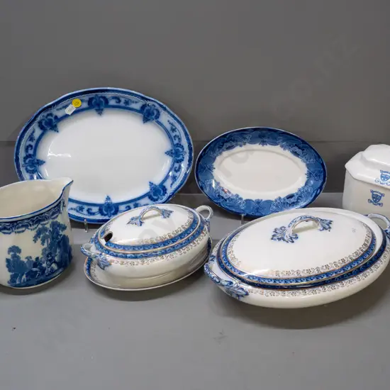 Vvntage flow blue and other tableware: Alfred Meakin 'Flownblue Coburg' lidded vegetable & lidded sauce w/saucer