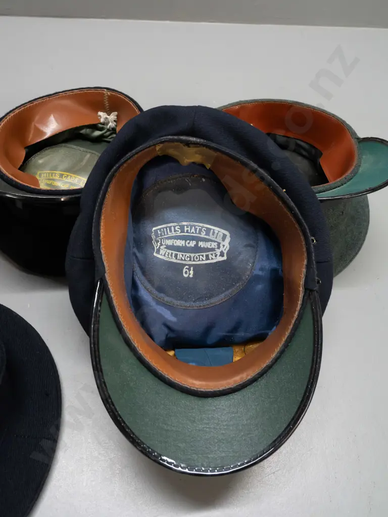 5 vintage caps, 3 NZR style with green under brim, 2 others - 3 are Hills Wellington, one Westminster / Treister - some Image 1++