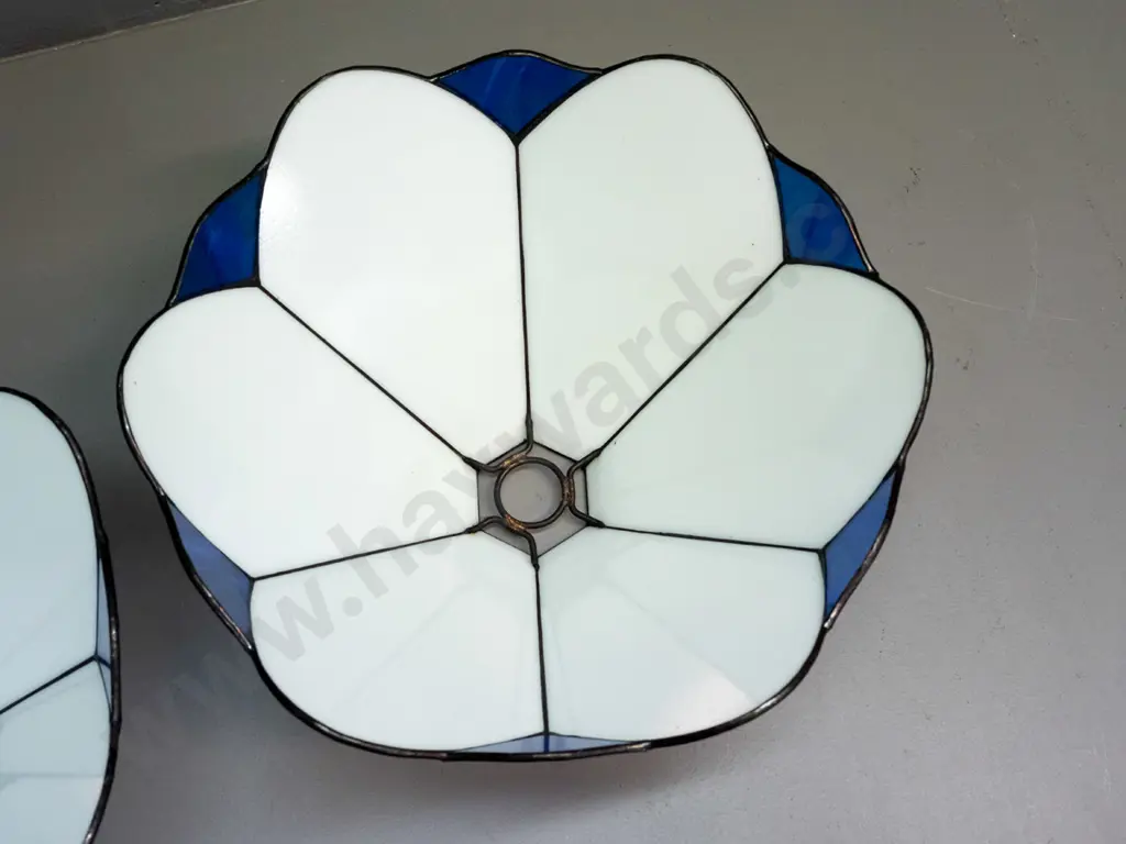 pair of leadlight hanging light shades - white and transparent blue glass H-165 W-300 Image 1++