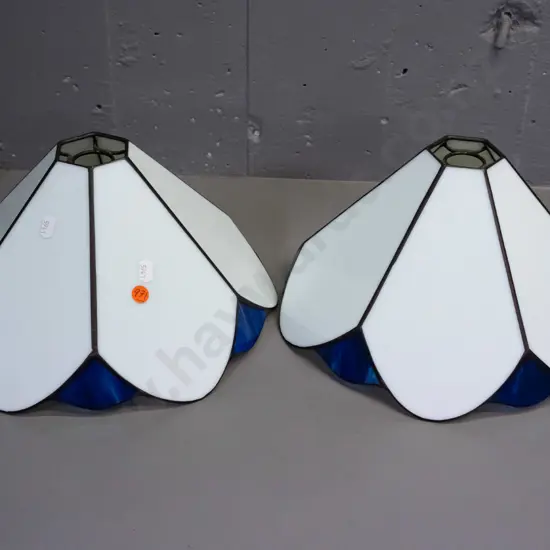 pair of leadlight hanging light shades - white and transparent blue glass H-165 W-300