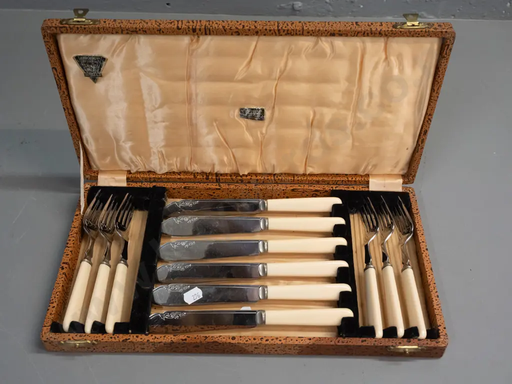 vintage cased set of 6 faux-bone handled knives and forks. Image 1++