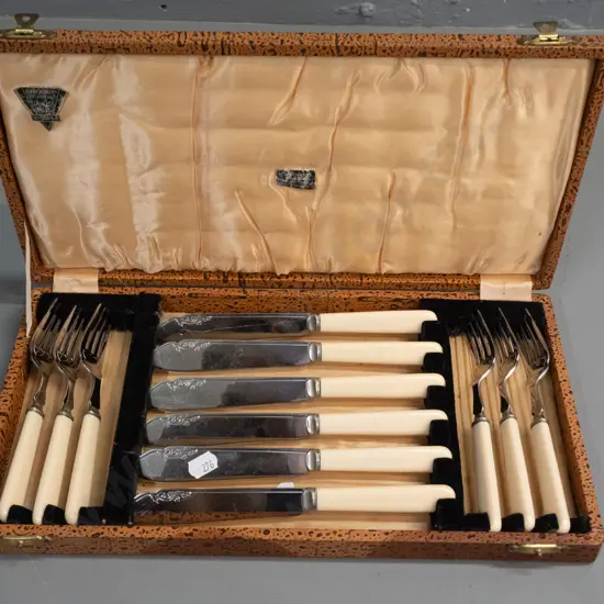 vintage cased set of 6 faux-bone handled knives and forks.