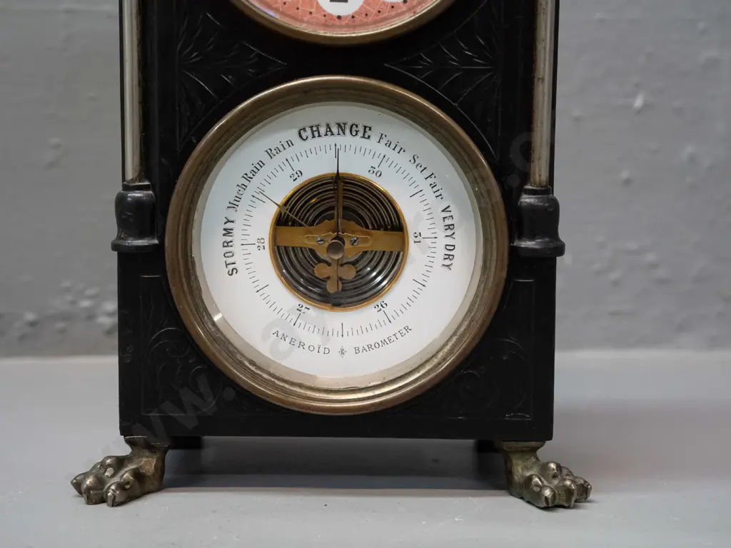 vintage wood-cased mantel clock & barometer - face with bird and snake decoration, carved timber case with columns, Image 1++